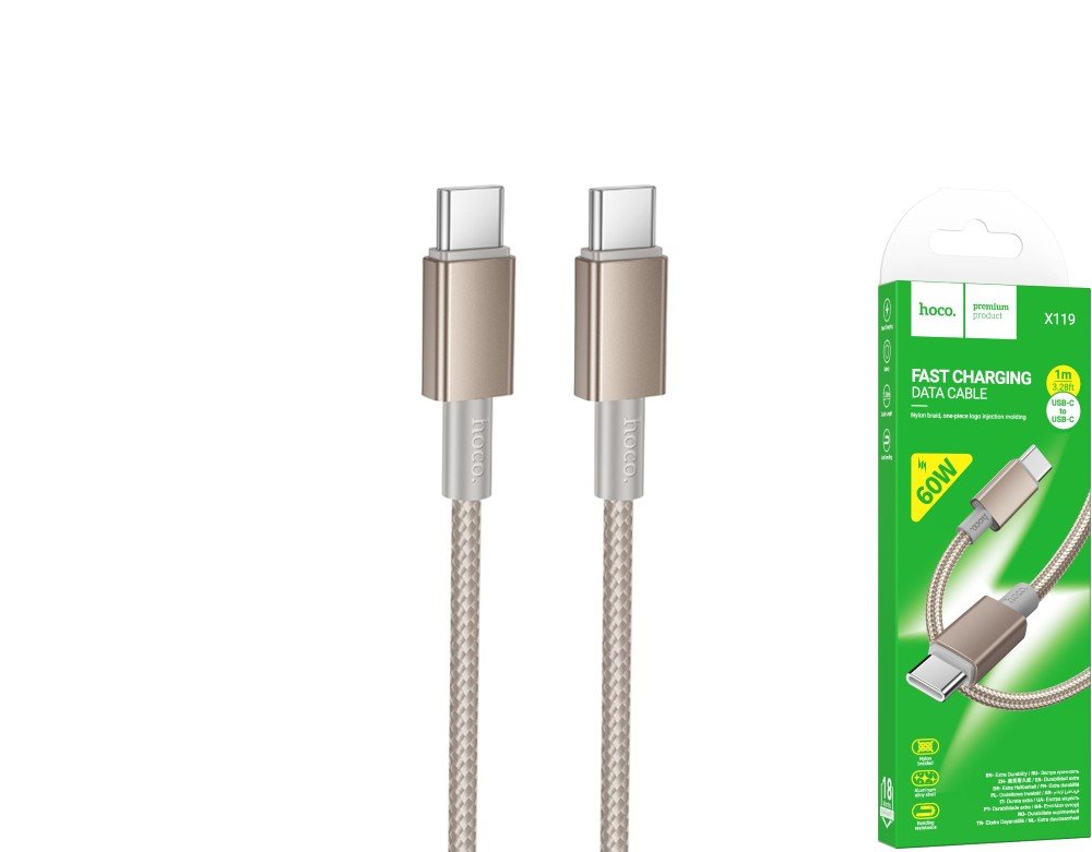 Įkrovimo laidas HOCO 119, Type C - Type C, sustiprintas, palaikomas įkrovimas iki 60W, laido ilgis 1m, aukso sp.