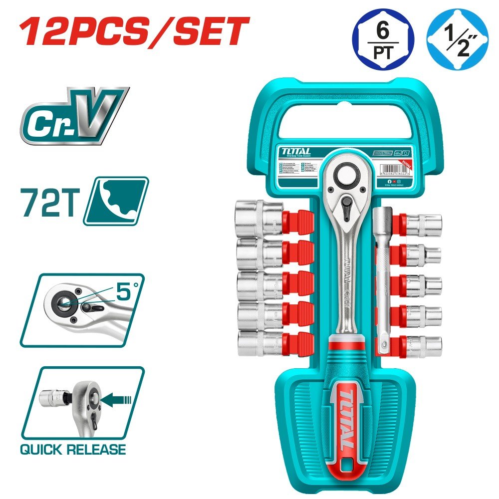 Galvučių rinkinys su terkšle TOTAL, CR-V(50BV30), 1/2", 12 vnt., THT141121
