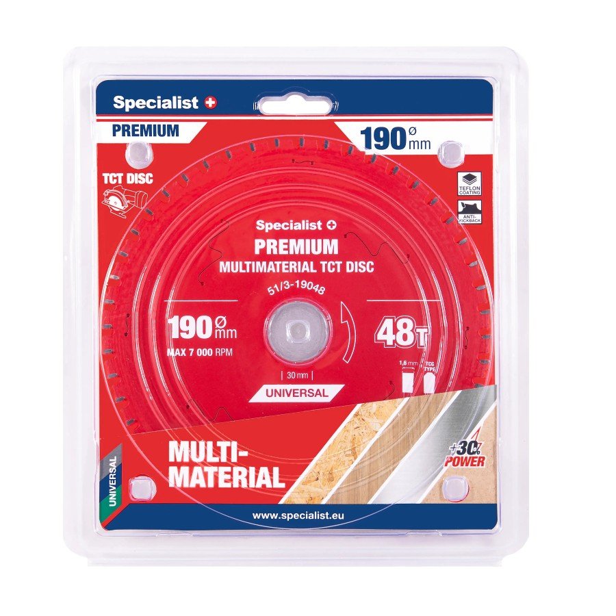 Medienos pjovimo diskas SPECIALIST+ Premium Multimaterial, akumuliatoriniams pjūklams, 190x30 mm, 48 dantys