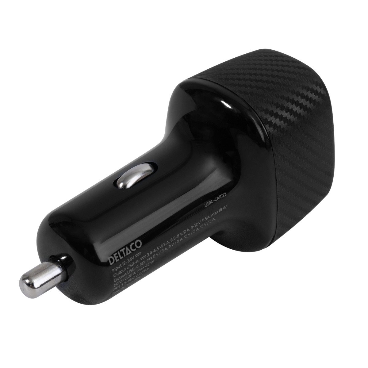 Automobilinis įkroviklis DELTACO USBC-CAR123, 1x USB-A 18 W, 1x USB-C 45 W, juodos sp.