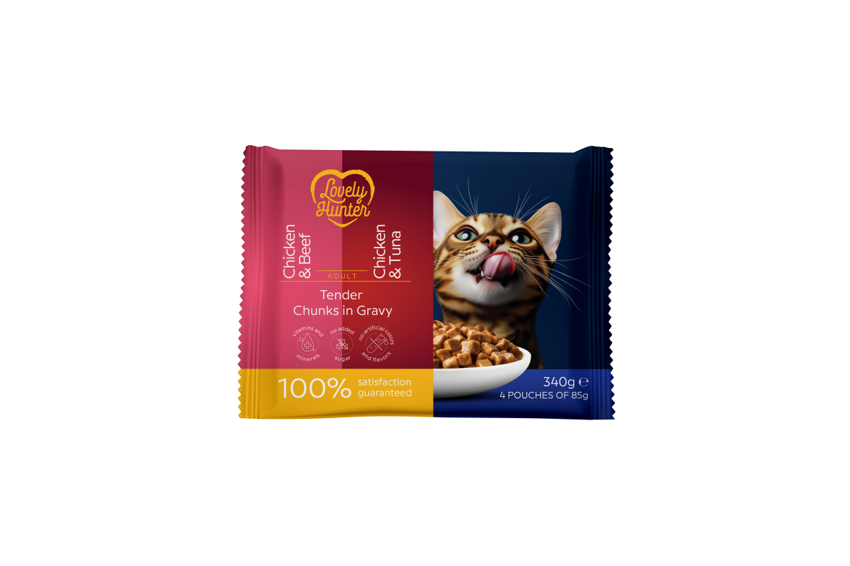 Konservuotas kačių ėdalas LOVELY HUNTER, visų veislių suaugusių kačių šlapių pašarų rinkinys su vištiena ir jautiena, su vištiena ir tuna, 4x85 g