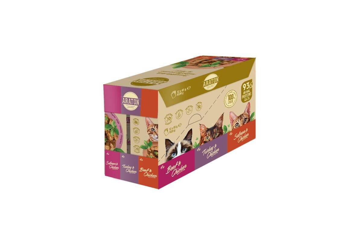 Konservuotas kačių ėdalas ARATON, visų veislių suaugusių kačių šlapių pašarų rinkinys su jautiena ir vištiena, su kalakutiena ir vištiena, su lašiša ir vištiena, 12x85 g