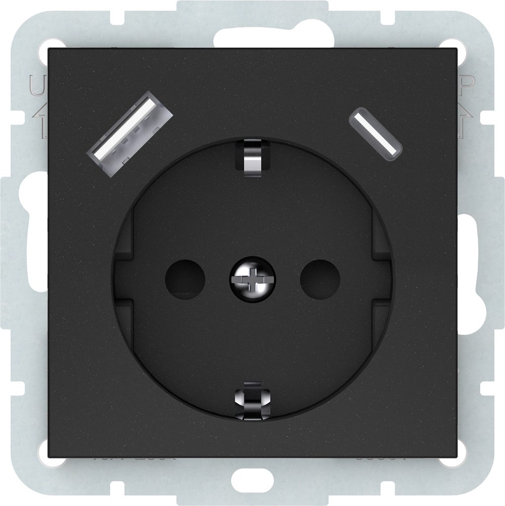 Kištukinis lizdas VILMA QR1000, įleidžiamas, be rėmelio, su įž.,  USB-A ir USB-C maitinimo lizdas, juoda matinė sp., RP16-002-22/USB-C/USB-A