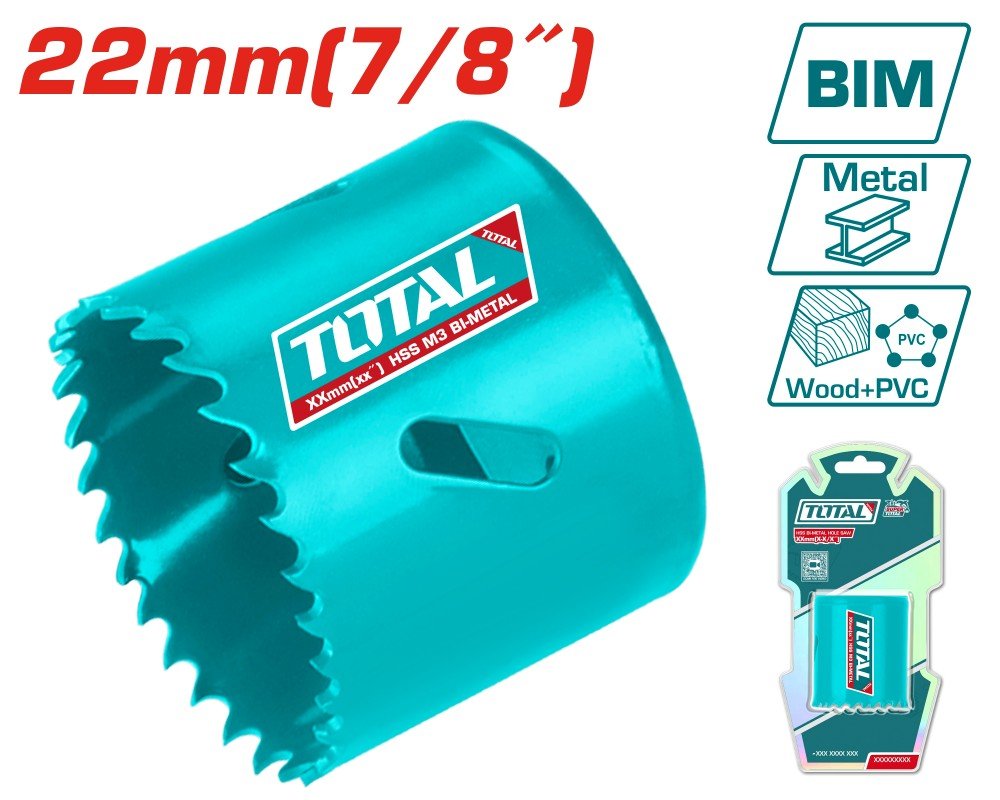 Gręžimo karūnėlė TOTAL, HSS M3 Bi-metal, 4-6 TPI, 22 mm, TAC410221