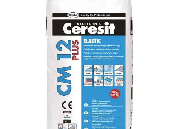 Plytelių klijai CERESIT CM12 ELASTIC PLUS, C2 TE, vidaus ir išorės darbams, 25 kg