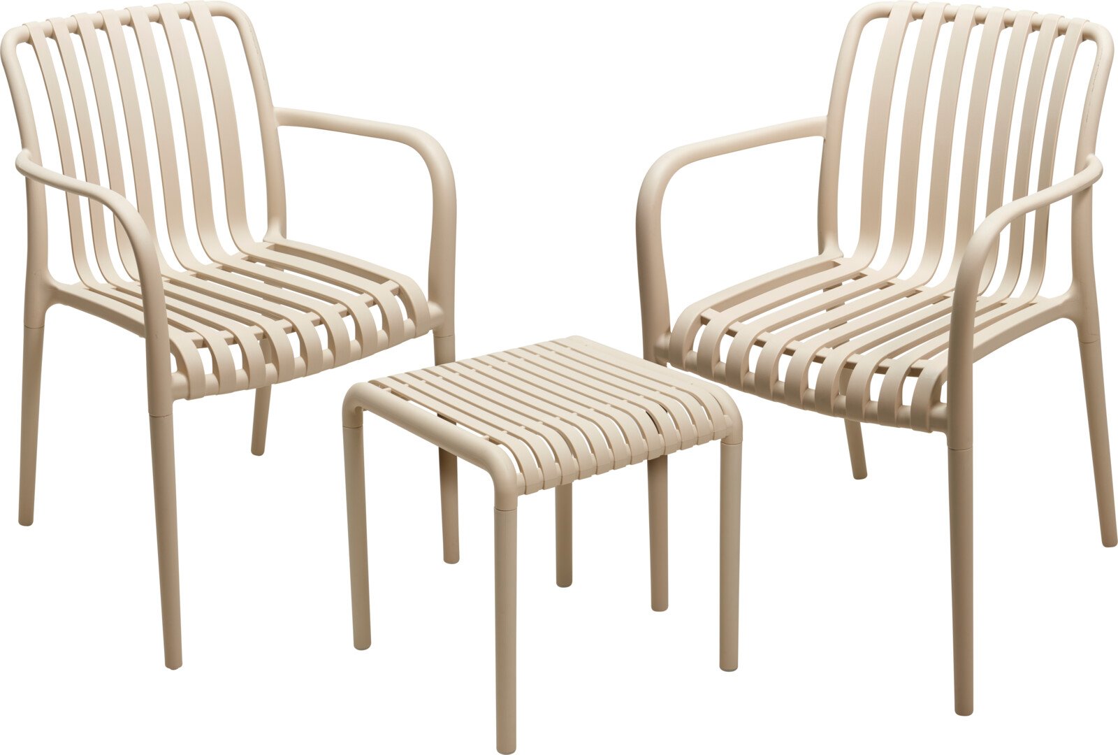 Plastikinis sodo baldų komplektas, staliukas 45 x 45 x 48 cm, 2 kėdės 56 x 55 x 81 cm, spalva šviesiai pilka