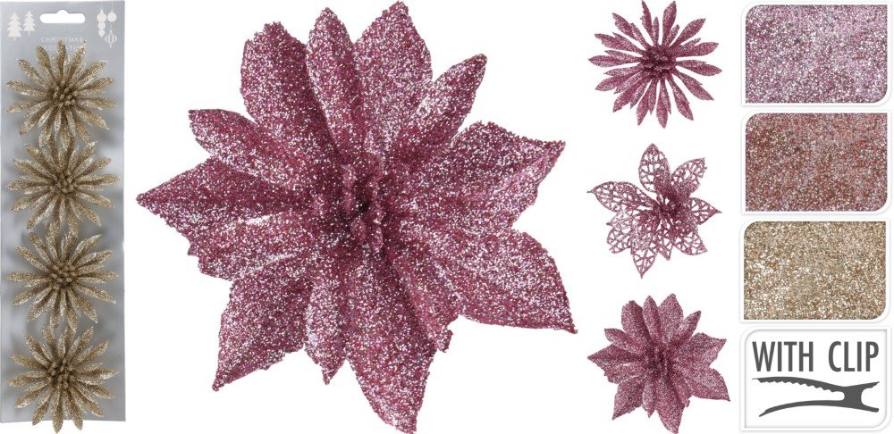 Kalėdinė dekoracija Gėlės, 4 vnt., su segtukais, rožinės sp., skersmuo 8 cm