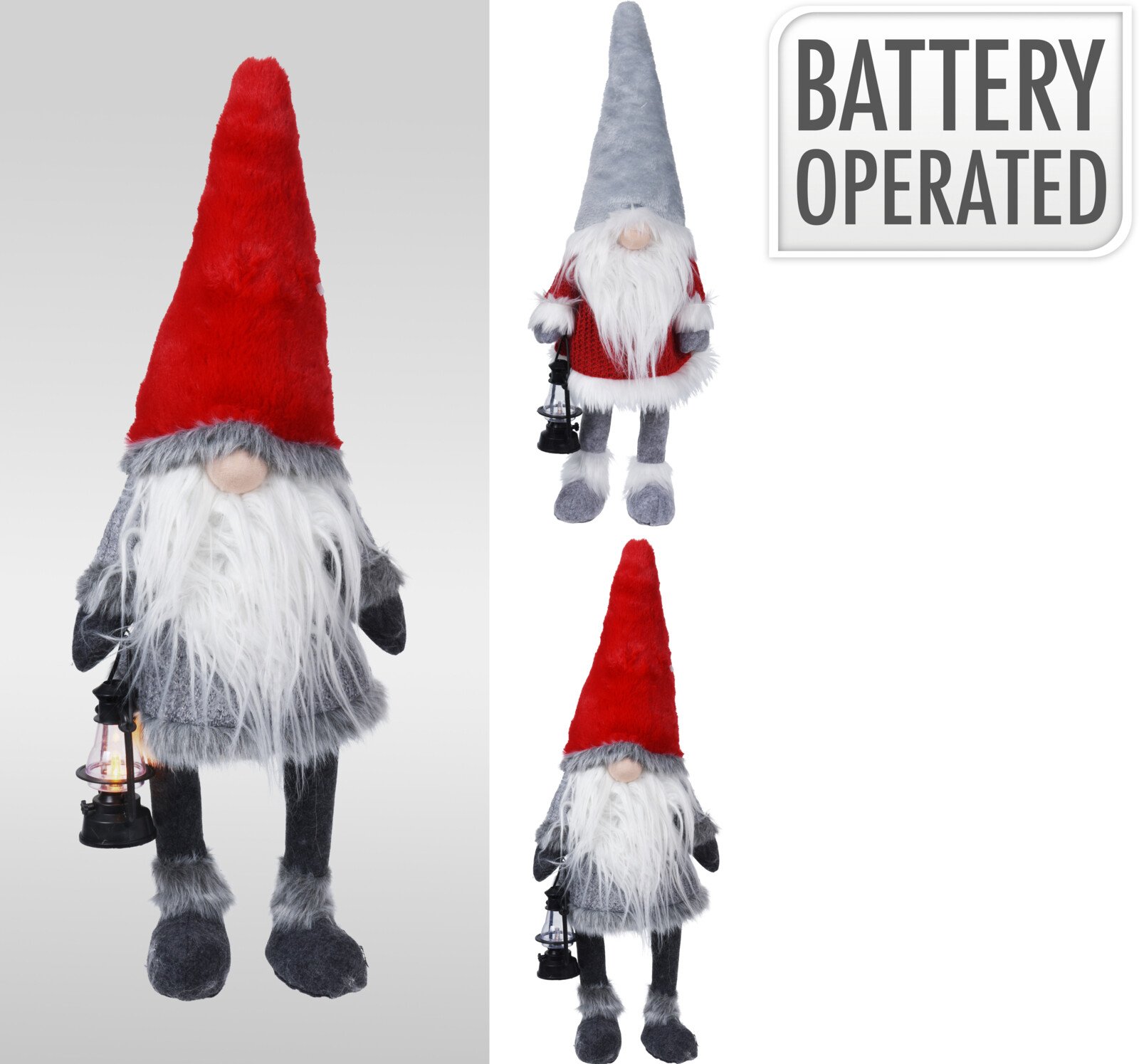 Kalėdinė LED dekoracija Gnomas, su raudona arba pilka kepure, 37 x 23 x 84 cm
