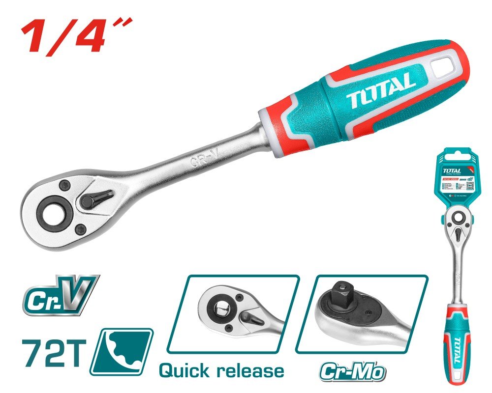 Terkšlinė rankena galvutėms TOTAL, CR-V+Cr-Mo, 1/4" 45T, 158 mm, THT106146