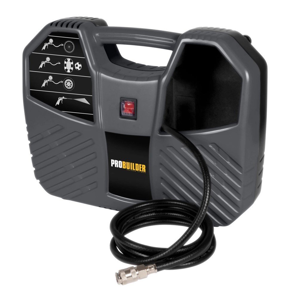 Oro kompresorius PROBUILDER, galia 1100 W, maks. slėgis 8 Bar, srautas 180 l/min, komplekte pistoletas ir antgaliai