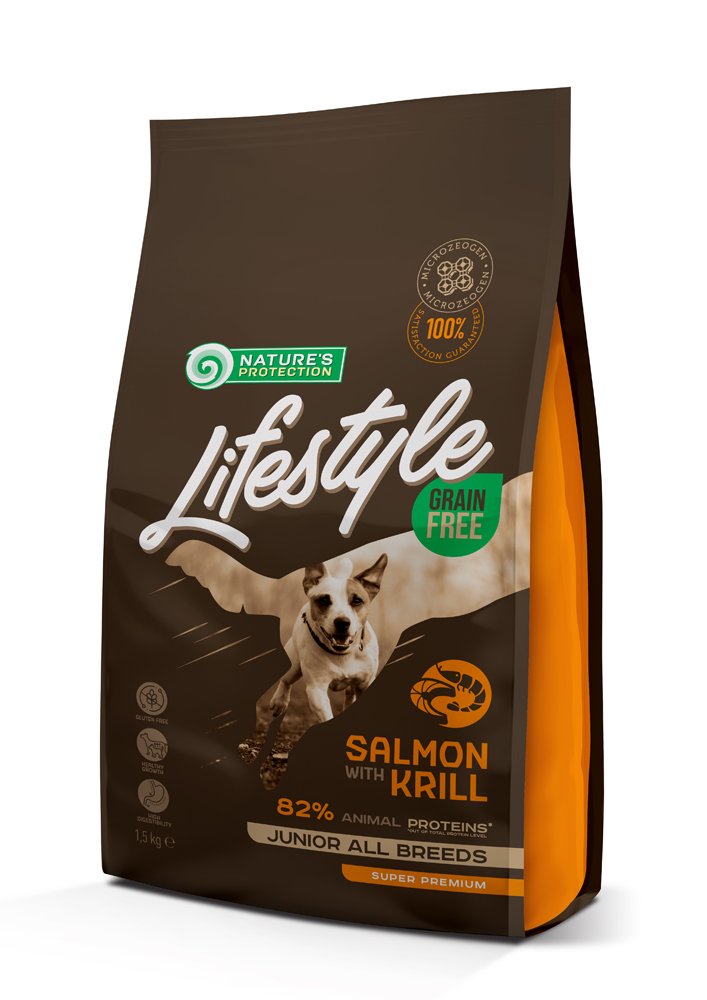 Sausas šunų ėdalas NATURE'S PROTECTION LIFESTYLE, visų veislių jaunų šunų pašaras, be grūdų, su lašiša ir kriliu, 1,5kg