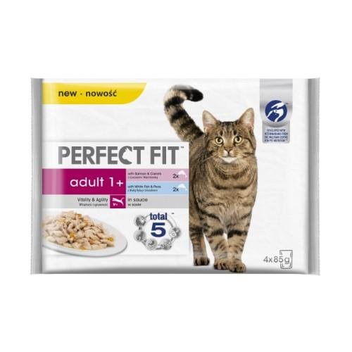 Konservuotas kačių ėdalas PERFECT FIT, su lašiša/balta žuvimi, suaugusioms katėms, 4x85 g