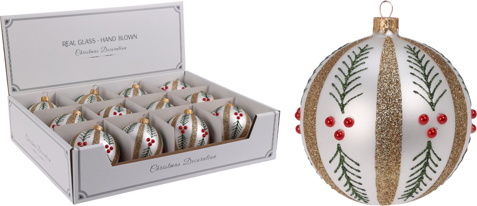 Eglutės žaisliukas, sidabro sp. su aukso sp. dryžiais ir uogų šakelėmis, skersmuo 8 cm