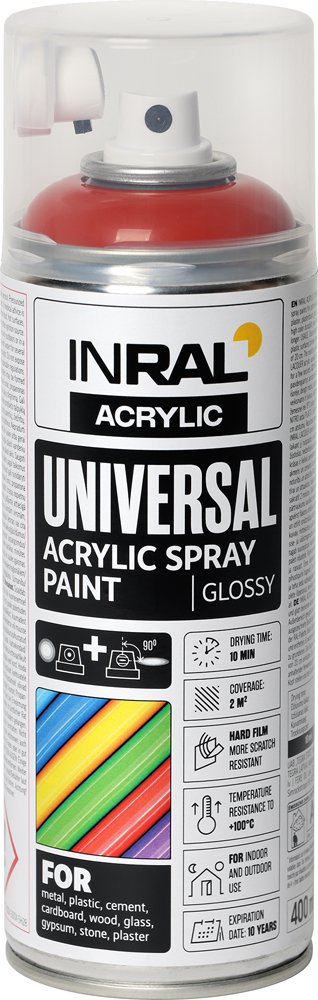 Aerozoliniai dažai INRAL ACRYLIC UNIVERSAL, 400 ml, karmino raudona, blizgi, RAL3002