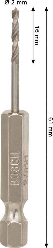 Grąžtas medienai BOSCH PRO, šešiakampiu tvirtinimu, 2 mm x 62 mm