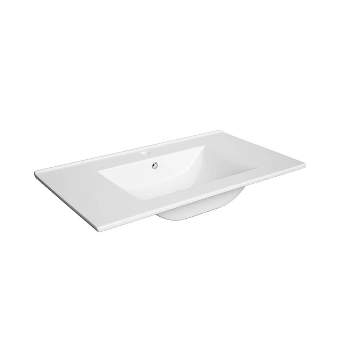 Praustuvas DEFRA Plan 80, 80 x 1,5 x 46 cm, keraminis, stačiakampis, baltas, gilus, su skyle maišytuvui.