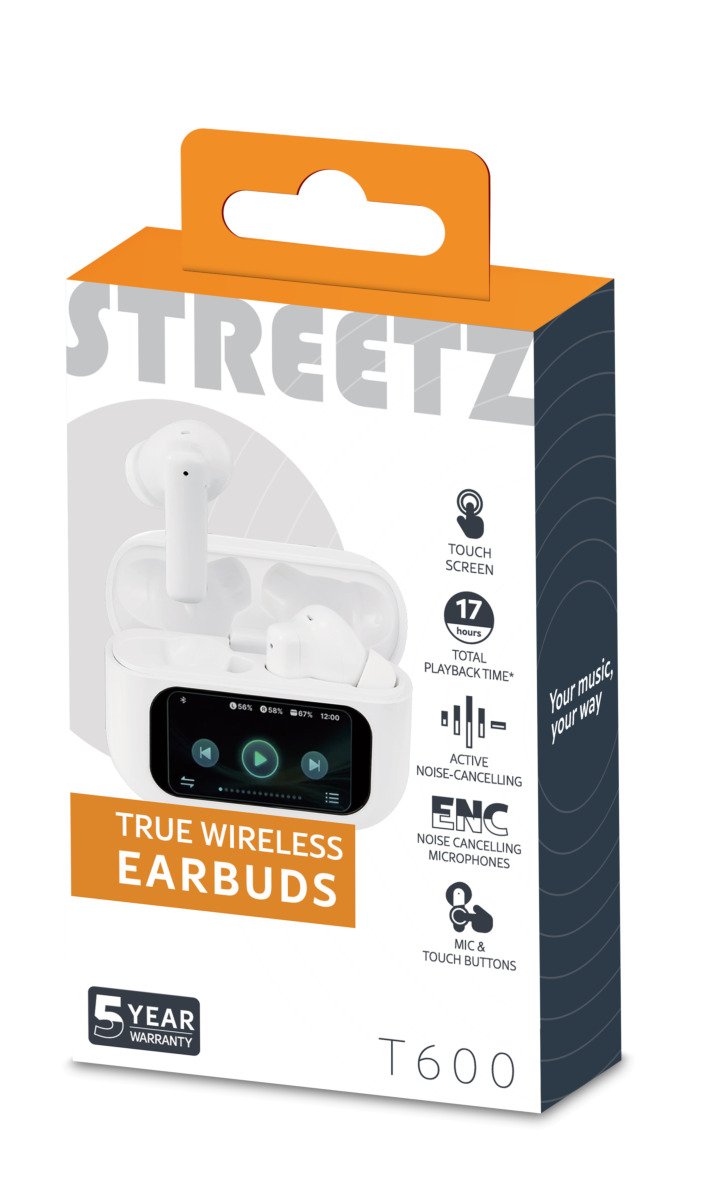 Įkraunamos belaidės ausinės STREETZ T600 TWS, su LCD ekranu, ANC ir ENC, baltos sp.