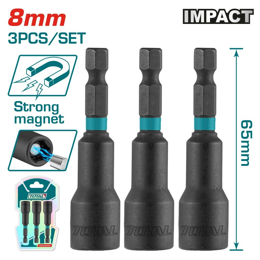 Sukimo galvutė TOTAL, magnetinė, CR-V(50BV30), 8 mm, ilgis 65 mm, 3 vnt TAC270831