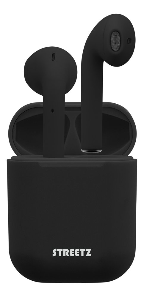 Įkraunamos belaidės ausinės STREETZ TWS-0003, Bluetooth 5, įkrovimo dėklas 300 mAh, juodos sp.