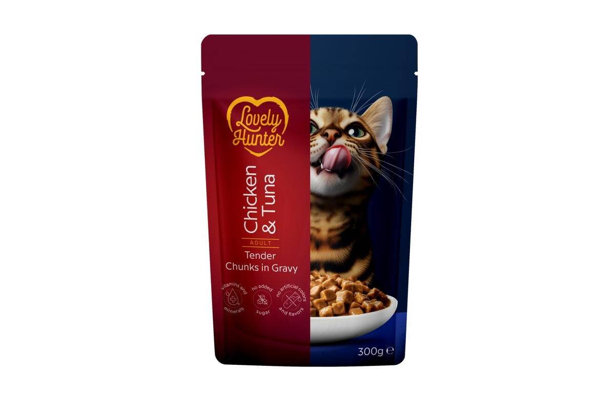 Konservuotas kačių ėdalas LOVELY HUNTER, visų veislių suaugusių kačių šlapias pašaras su vištiena ir tunu, 300 g