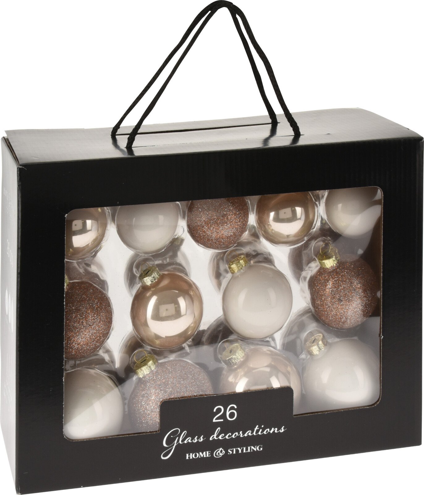 Eglutės žaisliukų rinkinys, 26 vnt., stiklas, įvairių sp., blizgūs, matiniai ir žėrintys, skersmuo 5, 5,5 ir 6,5 cm