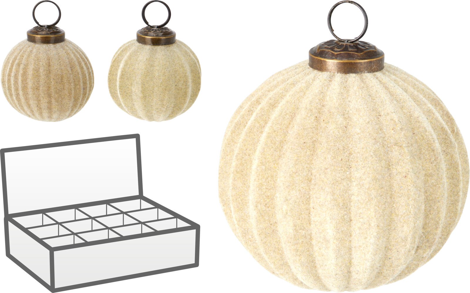 Eglutės žaisliukas, gofruotas, flokuotas stiklas, kreminės sp., skersmuo 10 cm