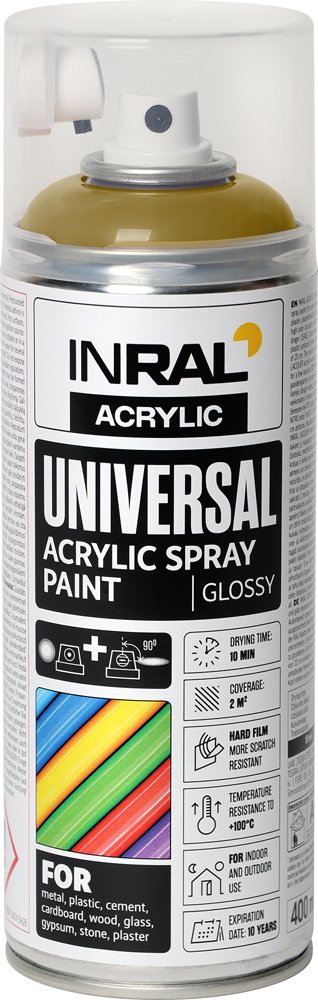 Aerozoliniai dažai INRAL ACRYLIC UNIVERSAL, 400 ml, perlo auksinė, blizgi, RAL1036