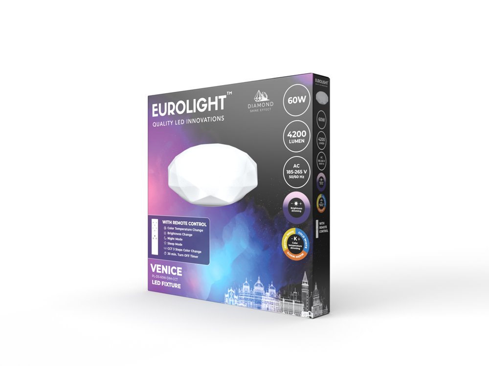 Lubinis LED šviestuvas EUROLIGHT Venice, 60 W, 185-265 V, 3900 lm, IP20, su pultu, dimeriuojamas, deimanto formos, 580 x 120 mm, PL-DS-48W-DIM-CCT