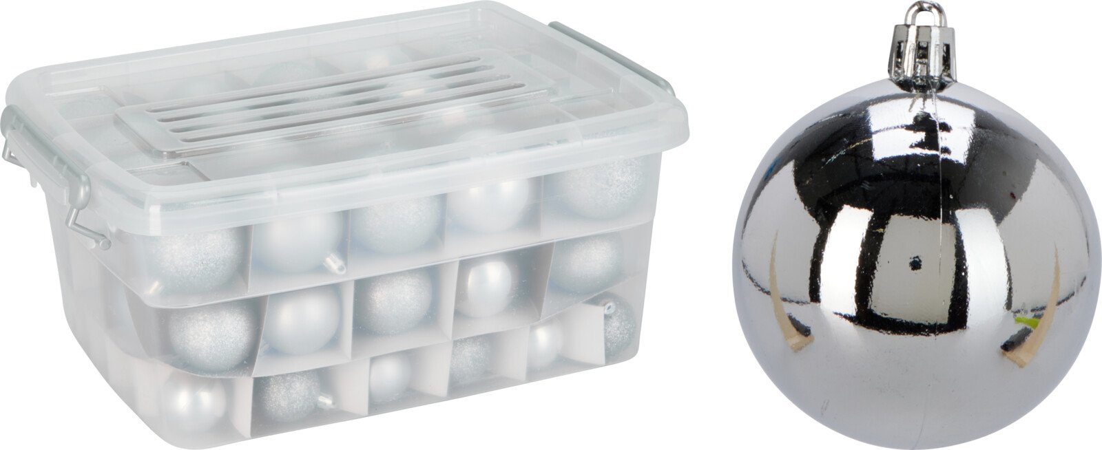 Eglutės žaisliukų rinkinys, 70 vnt., sidabro sp., matiniai, blizgūs ir dengti blizgučiais, skersmuo 4, 5 ir 6 cm