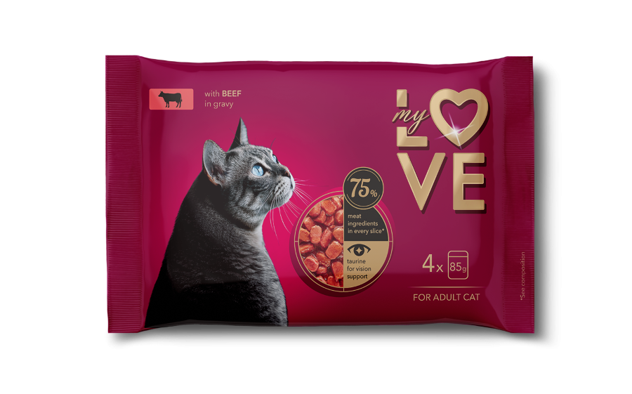Konservuotas kačių ėdalas MY LOVE, jautienos su padažu, 4x85g