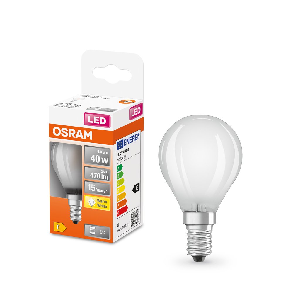 LED lempa OSRAM Star, 4W, E14, 220-240V, 2700K, 470 lm, filamentinė, matinė, burbuliukas, atitinka 40W lemputę