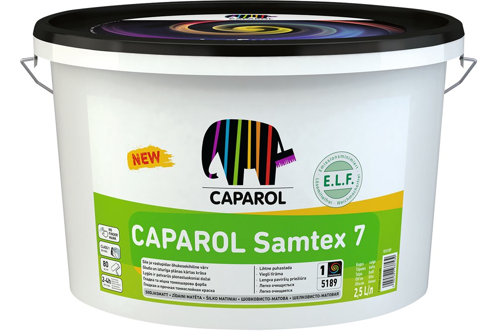 Vandeniniai vidaus dažai CAPAROL Samtex 7 Elf, B3, gerai valomi, tonuojami, 2,35 l