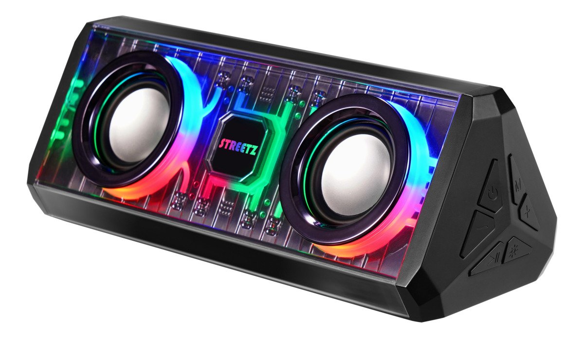 Kolonėlė STREETZ S320-BLK, 10 W, Bluetooth 5.3 su 10 m nuotoliu, permatoma, su TWS ir LED šviesos efektais