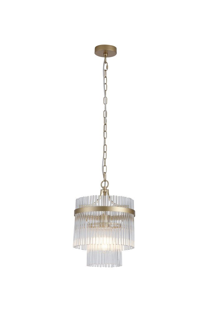 Pakabinamas šviestuvas SEARCHLIGHT Lara, E27, 1 x 60W, 230V, auksinis metalas su skaidriais stikliniais strypais, 260 x 260 x 400 mm, maksimalus aukštis 1500 mm, 11200-1GO