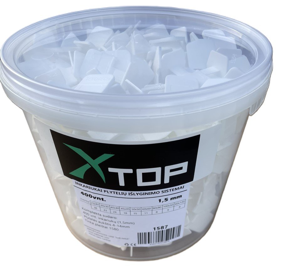 Plytelių inkarai XTOP, 1,5 mm, plytelių išlyginimo sistemai, komplekte 400 vnt.