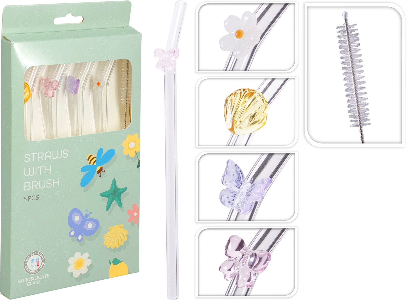 Daugkartiniai šiaudeliai su valymo šepetėliu, stikliniai, 20 cm, 5 vnt.