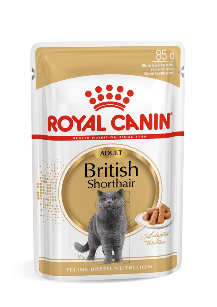 Konservuotas kačių ėdalas ROYAL CANIN, visavertis subalansuotas pašaras suaugusioms britų trumpaplaukių veislės katėms, virš 12 mėnesių amžiaus (gabalėliai padaže)