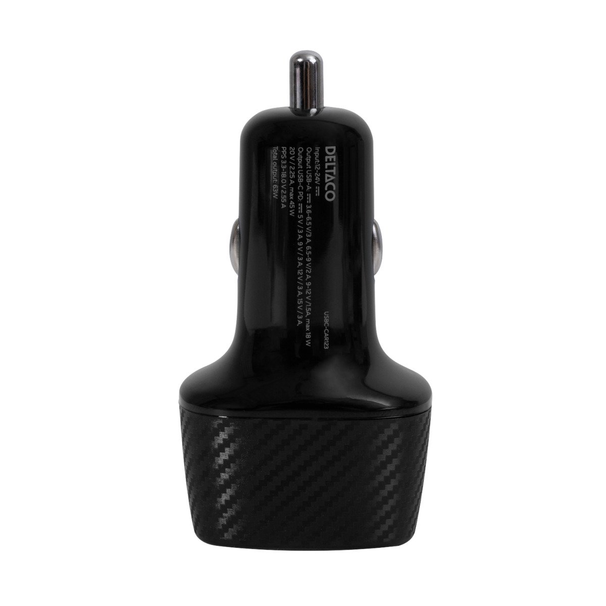 Automobilinis įkroviklis DELTACO USBC-CAR123, 1x USB-A 18 W, 1x USB-C 45 W, juodos sp.