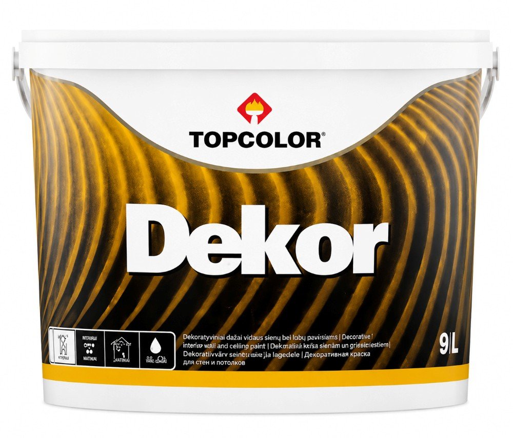 Dekoratyviniai dažai TOPCOLOR Dekor, 9 l, balti, matiniai, atsparūs plovimui ir atmosferos poveikiui