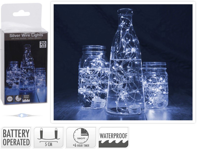 Vandeniui atspari LED girlianda, 20 LED lempučių, šaltai baltos sp., ilgis 1 m