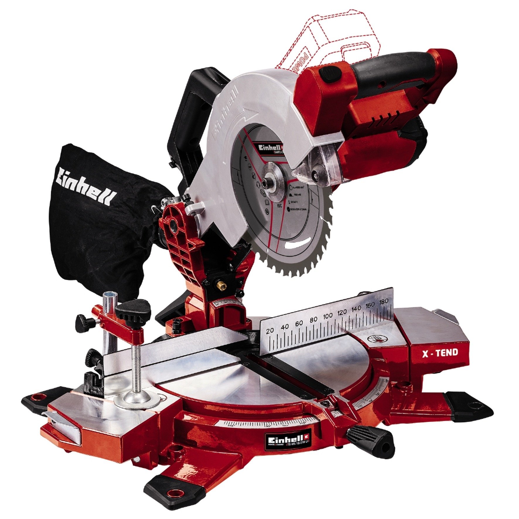 Akumuliatorinės skersinio pjovimo staklės EINHELL TE-MS 18/210, Li-Solo, 18 V, Li-ion, be akumuliatoriaus, diskas Ø210 mm