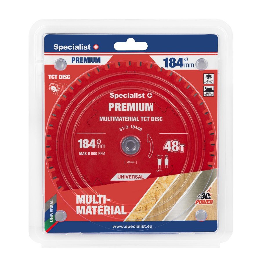 Medienos pjovimo diskas SPECIALIST+ Premium Multimaterial, akumuliatoriniams pjūklams, 184x20/16 mm, 48 dantys