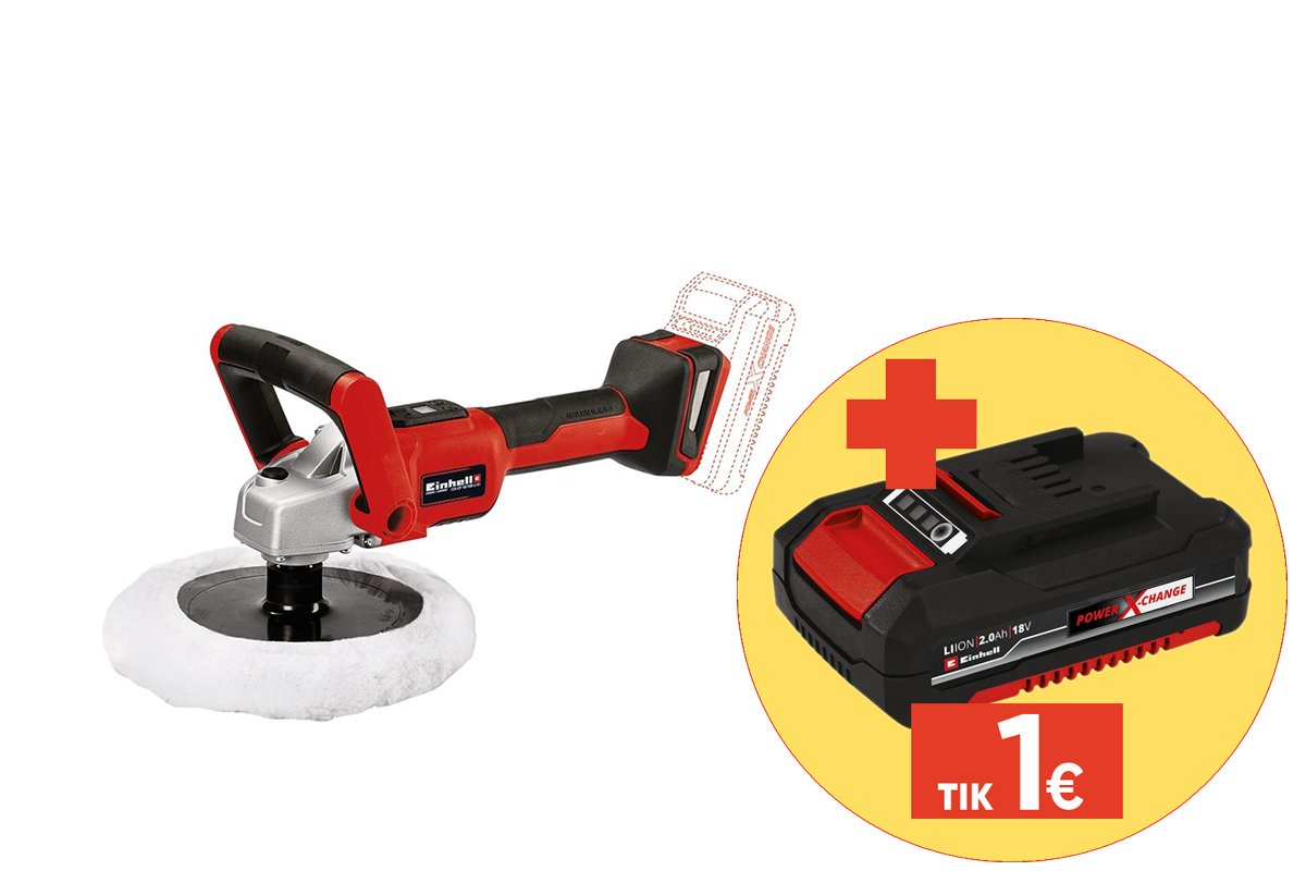 Akumuliatorinis poliruoklis EINHELL CE-CP, 18/180 Li, 18 V, Li-ion, be akumuliatoriaus, poliravimo diskas 180 mm., svoris 1,28 kg