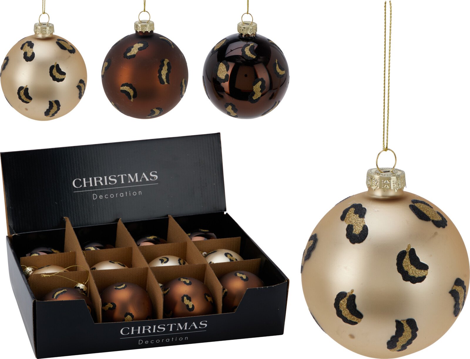 Eglutės žaisliukas, stiklas, leopardinio dizaino, 3 skirtingos sp., skersmuo 8 cm