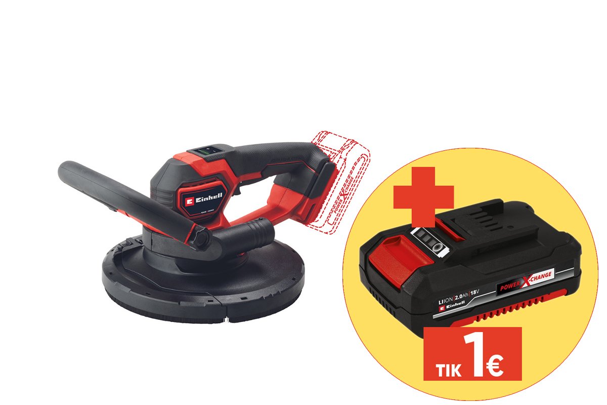 Akumuliatorinis glaisto šlifuoklis EINHELL TP-DWS 18/225 Li BL Solo, 18 V, bešepetėlis variklis, šlifavimo disko skersmuo 225 mm, be akumuliatorių ir kroviklio