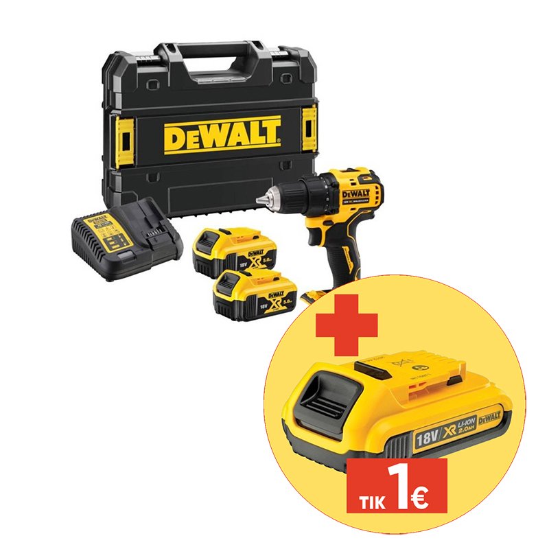 Akumuliatorinis bešepetėlinis gręžtuvas DEWALT DCD708P2T-QW, maks. sukimo momentas 65 Nm, 18 V, 2 x 5,0 Ah akumuliatoriai ir kroviklis, lagamine