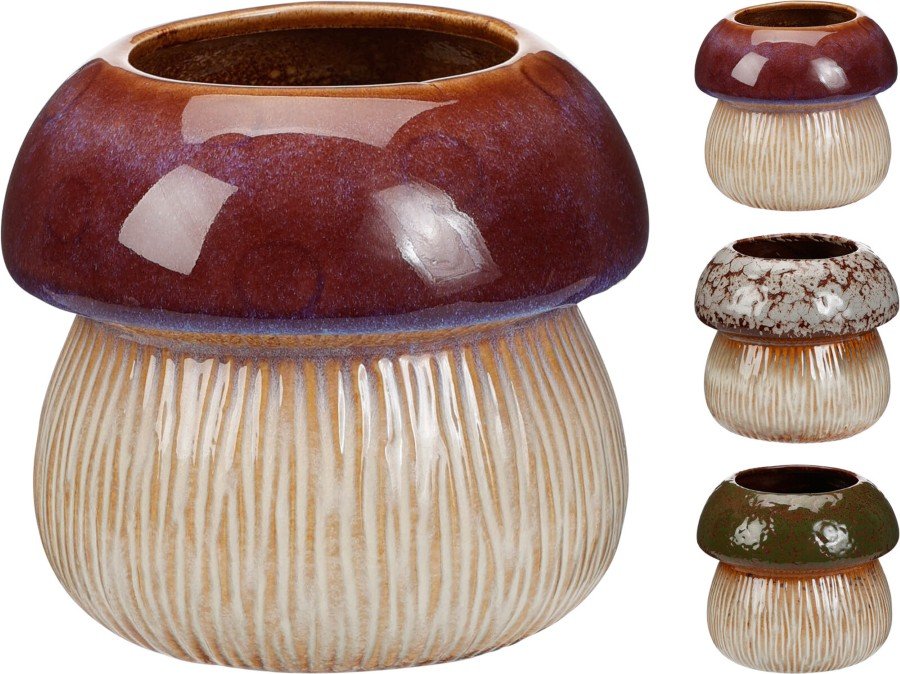 Kambarinis keraminis vazonas Grybas, 3 skirtingų sp., 14 x 14 x 13 cm.