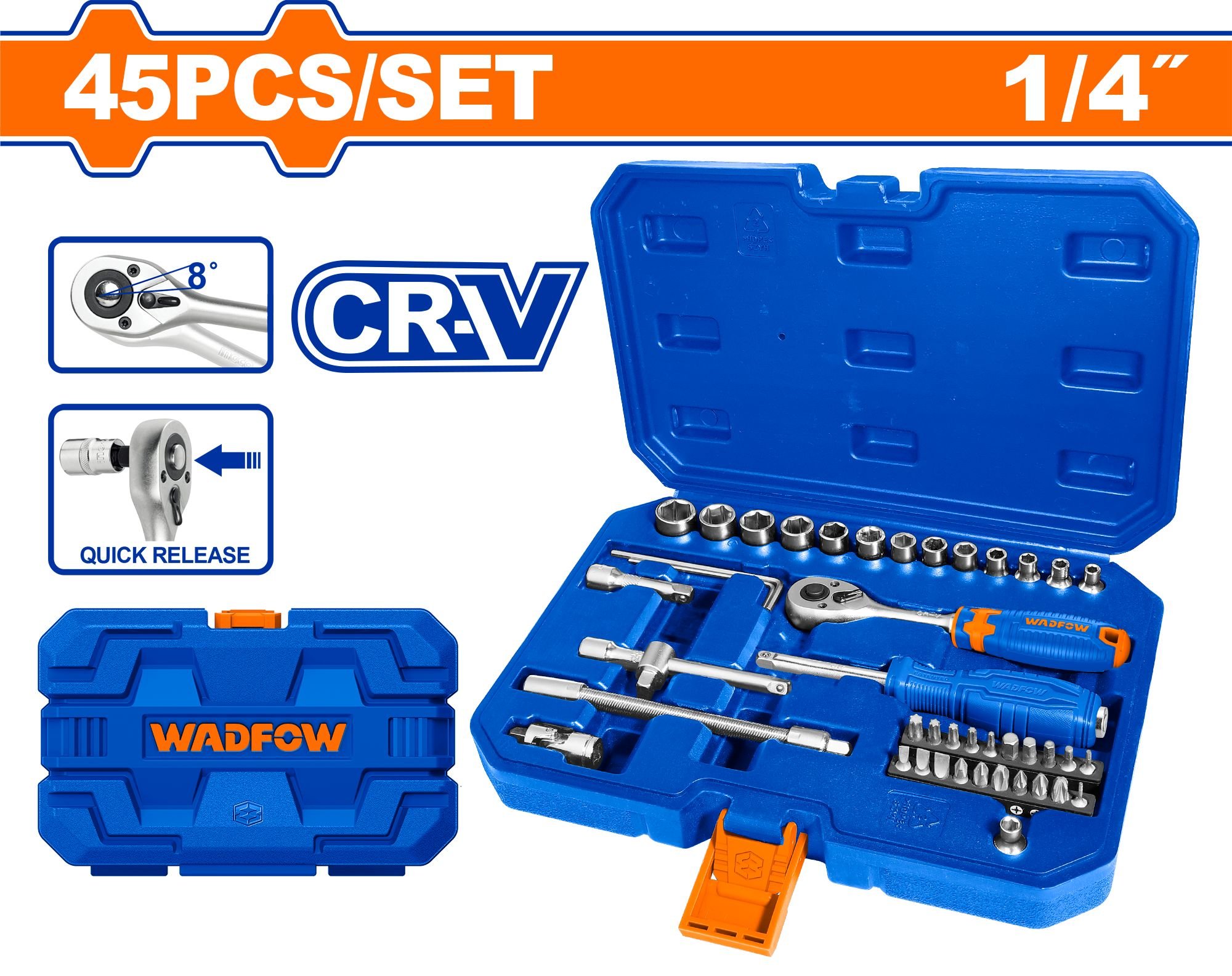 Galvučių rinkinys WADFOW, Cr-V, 1/4", 45 vnt., WST4D45