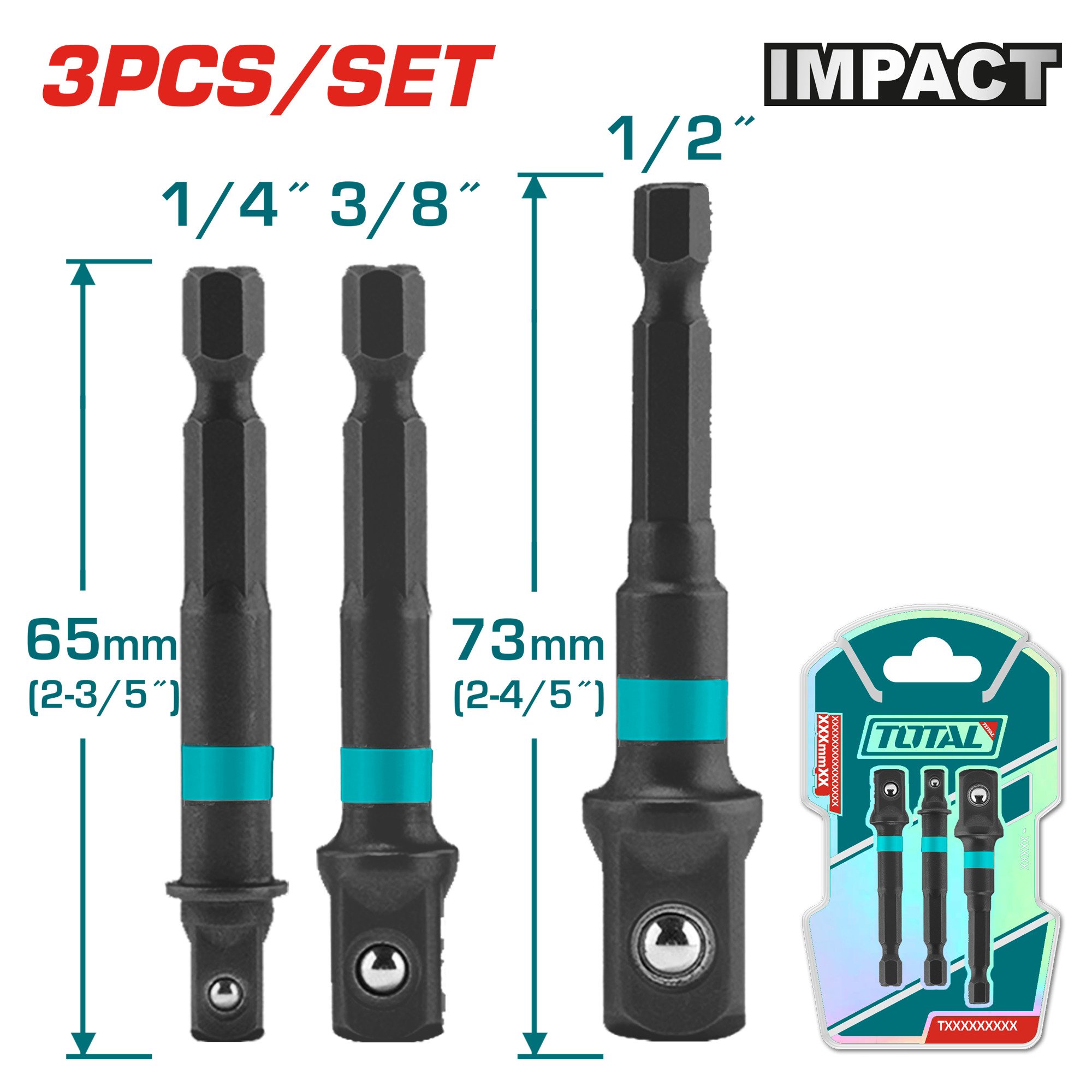 Perėjimai galvutėms TOTAL, 1/4", 3/8", 1/2", 3 vnt., TAC273651