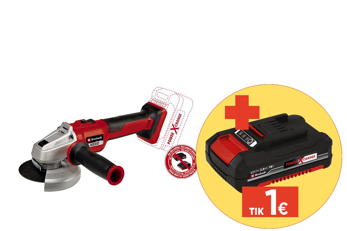 Akumuliatorinis kampinis šlifuoklis EINHELL AXXIO 18/125 Q, 18 V, bešepetėlis variklis, švelnus startas, maks. disko skresmuo 125 mm, beraktis diskų keitimas, be akumuliatorių ir kroviklio